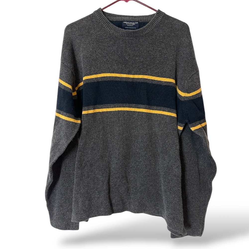 American Eagle Men's‎ Sweater Size XLGray Henley Navy Yellow Stripe AE (A32)